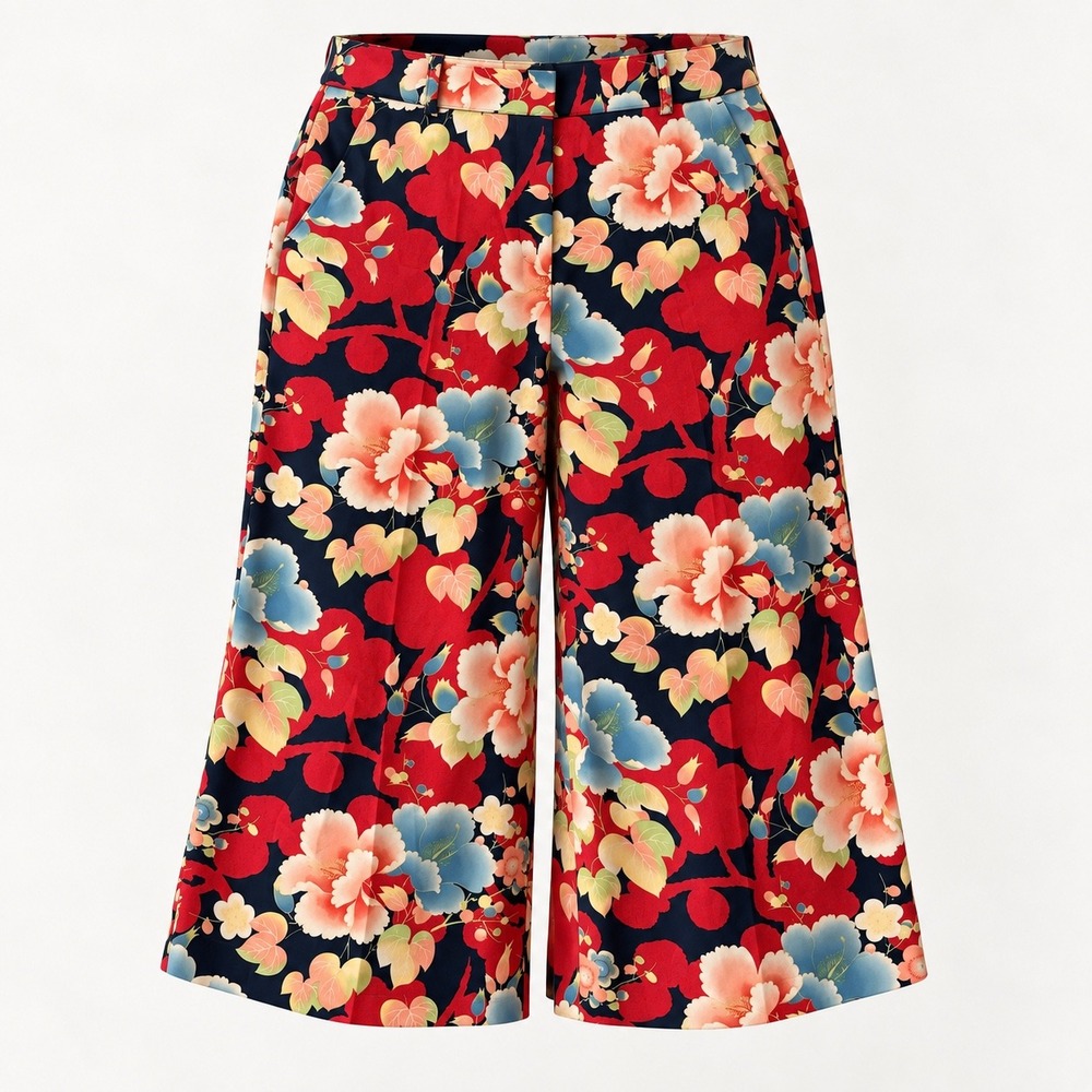 LOFT Floral High Rise Wide Leg Cropped Trousers Women 10 Multi-Color Culottes